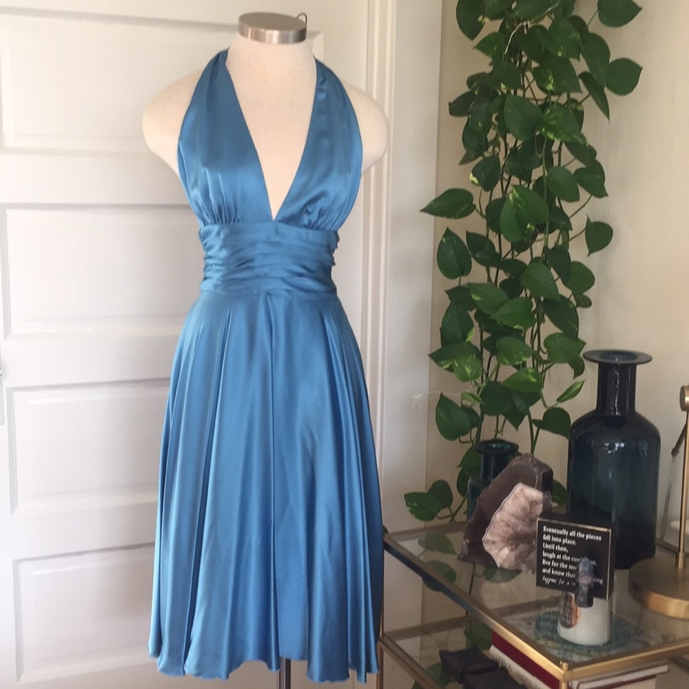 Sky blue 100% silk Halter cocktail dress